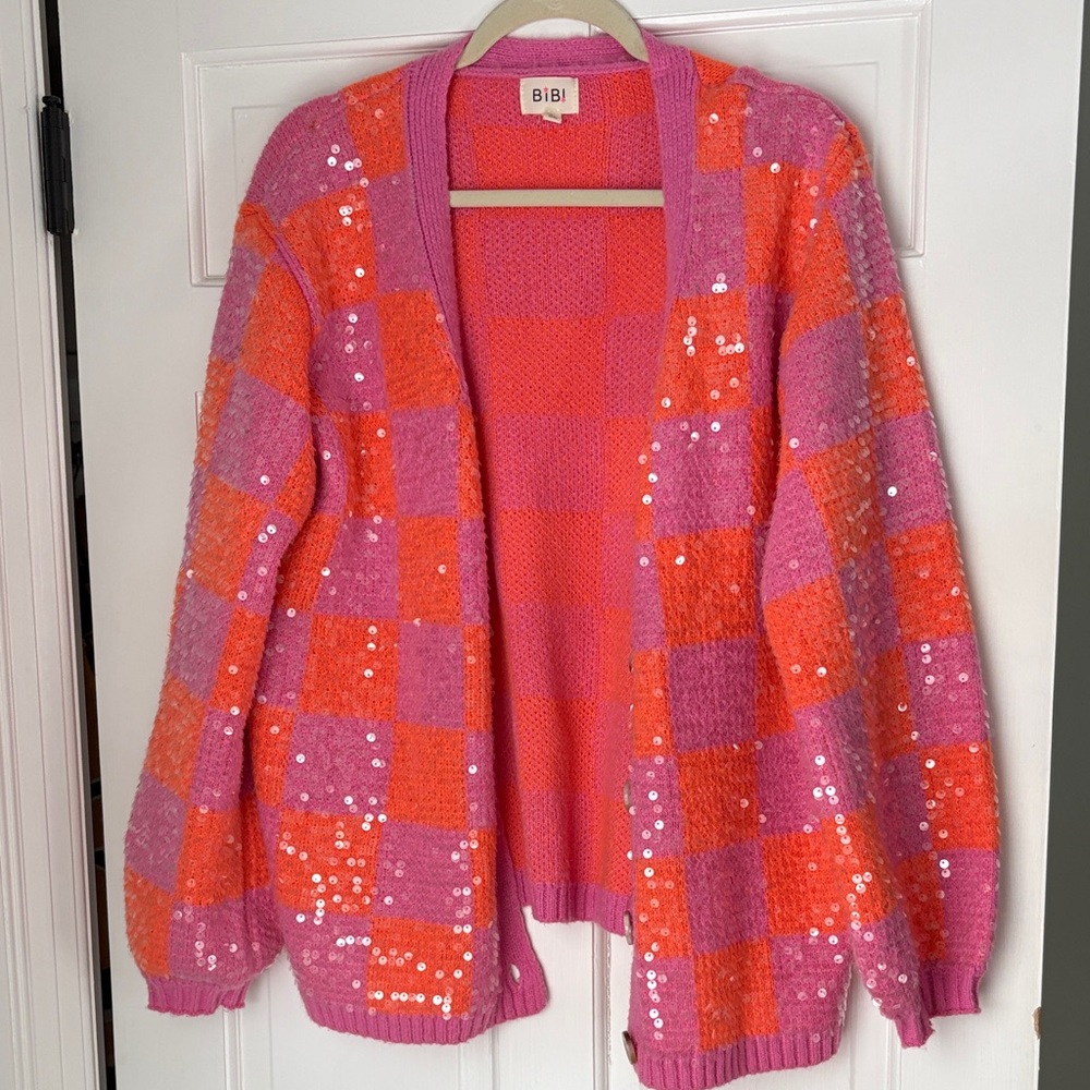BiBi Pink and Orange Checkered Sequin Cardigan